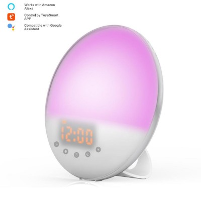 WiFi Voice Control Colorful LED Alarm Lamp, Natural Sunrise Simulation Smart Wake LED Bedside Night Light