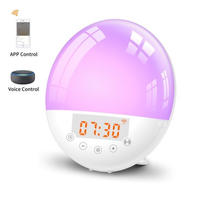 APP control 7 color changing alarm clock sunrise wake-up lights wifi voice intelligent sleep wake-up lights FM Radio